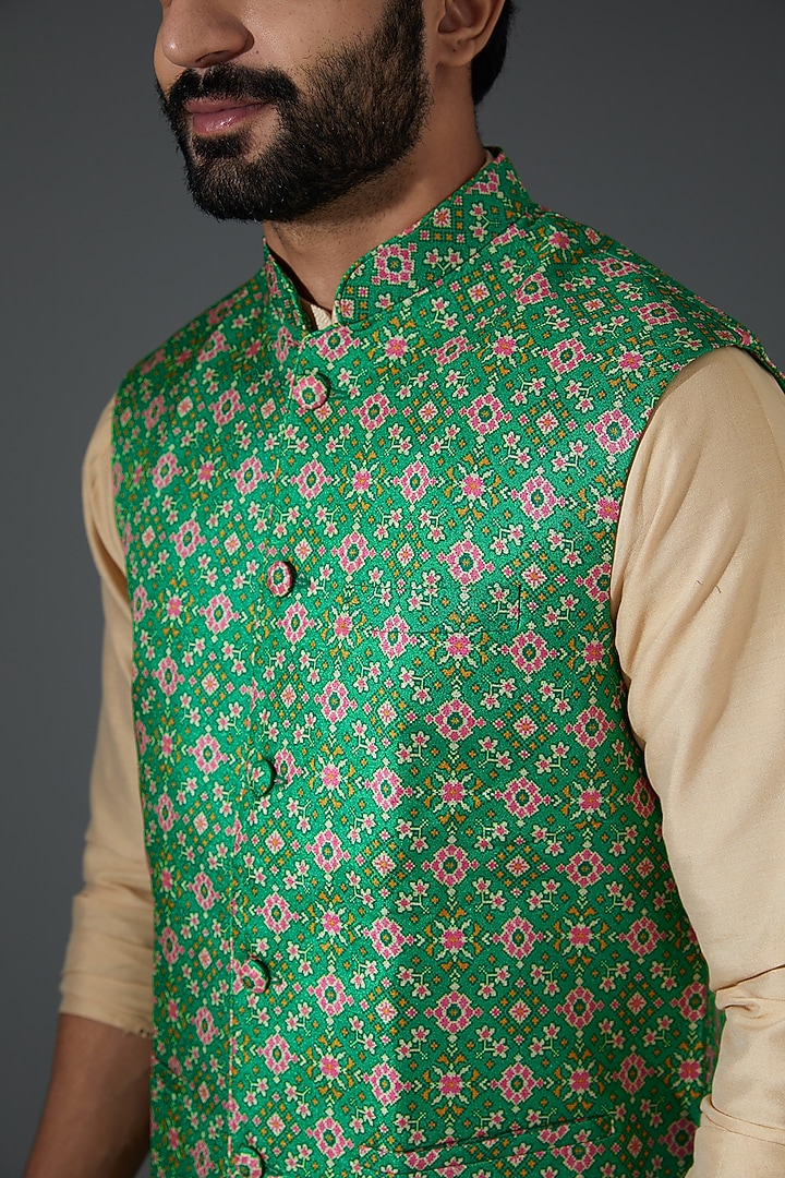 Green Silk Blend Digital Printed Bundi Jacket by Darshika at Pernia's Pop Up Shop