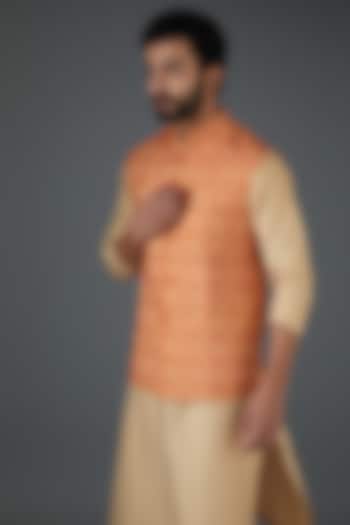 Orange Silk Blend Digital Printed Bundi Jacket by Darshika