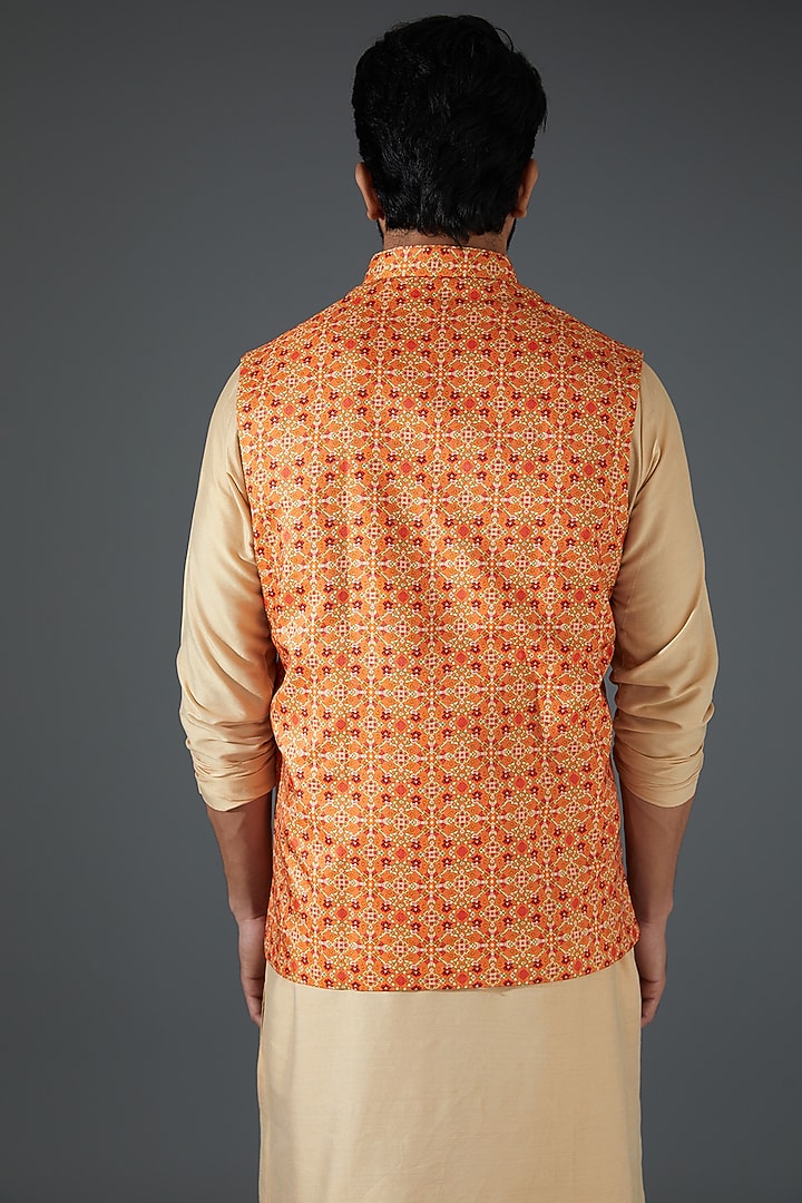 Orange Silk Blend Digital Printed Bundi Jacket by Darshika at Pernia's Pop Up Shop