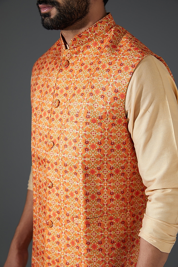 Orange Silk Blend Digital Printed Bundi Jacket by Darshika at Pernia's Pop Up Shop