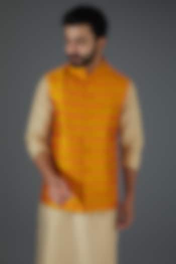 Orange Raw Silk Ikat Printed Bundi Jacket by Darshika