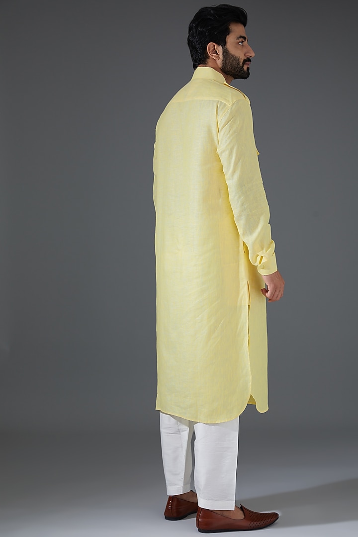 Lemon Yellow Linen Pathani Kurta Set by Darshika at Pernia's Pop Up Shop