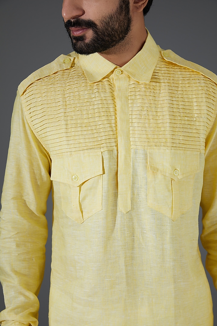 Lemon Yellow Linen Pathani Kurta Set by Darshika at Pernia's Pop Up Shop