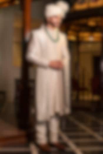 Pale Green Silk Thread Embroidered Wedding Sherwani Set by Darshika at Pernia's Pop Up Shop