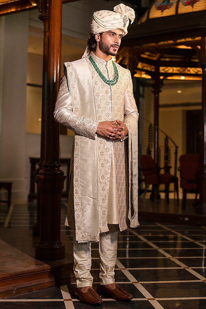Pale Green Silk Thread Embroidered Wedding Sherwani Set by Darshika at Pernia's Pop Up Shop
