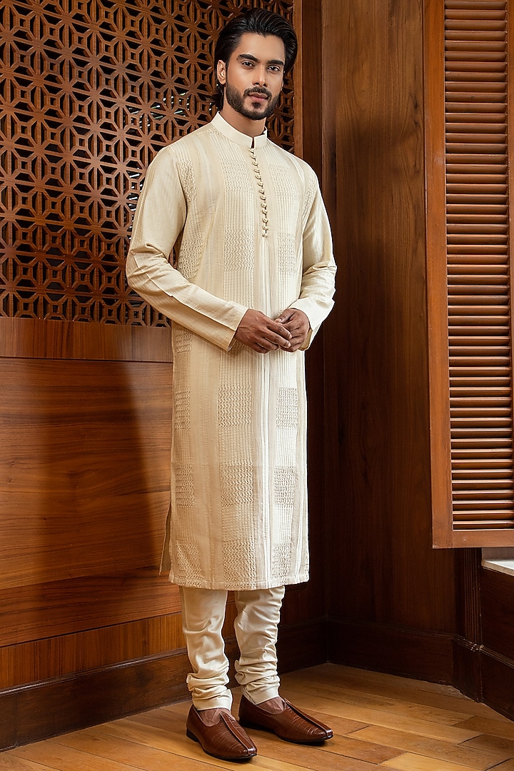 Beige Cotton Silk Kurta Set by Darshika at Pernia's Pop Up Shop