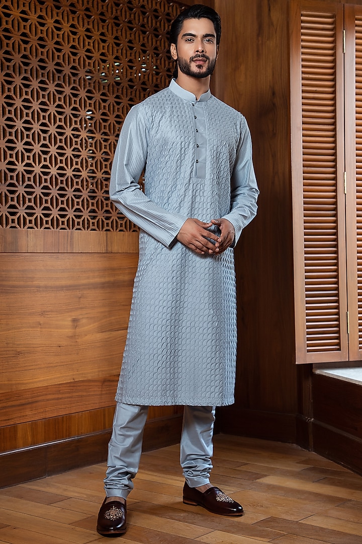 Frost Blue Cotton Kurta Set by Darshika at Pernia's Pop Up Shop