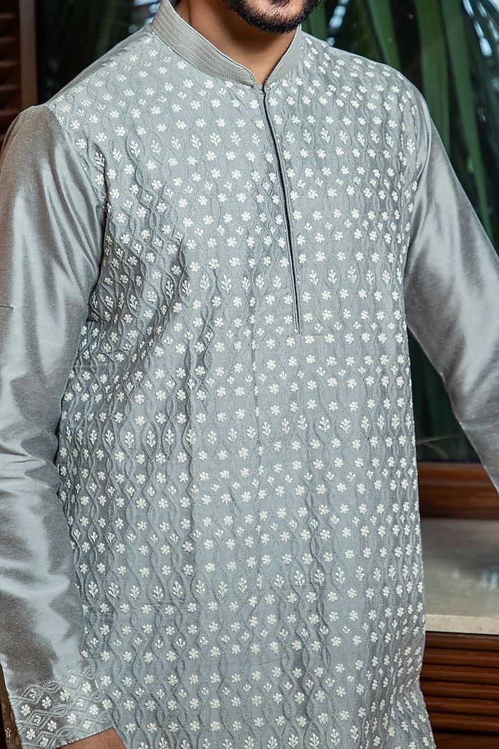 Grey Cotton Silk Floral Motifs Embroidered Kurta Set by Darshika at Pernia's Pop Up Shop