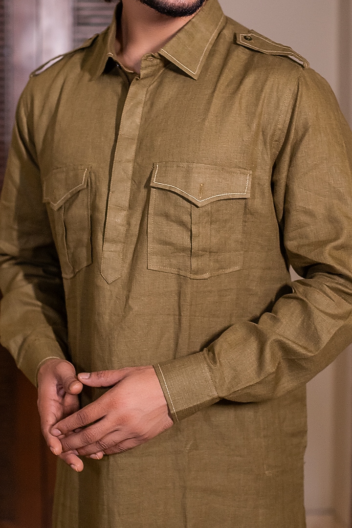 Olive Green Linen Kurta Set by Darshika at Pernia's Pop Up Shop