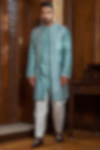 Blue Embroidered Wedding Indowestern Set by Darshika at Pernia's Pop Up Shop