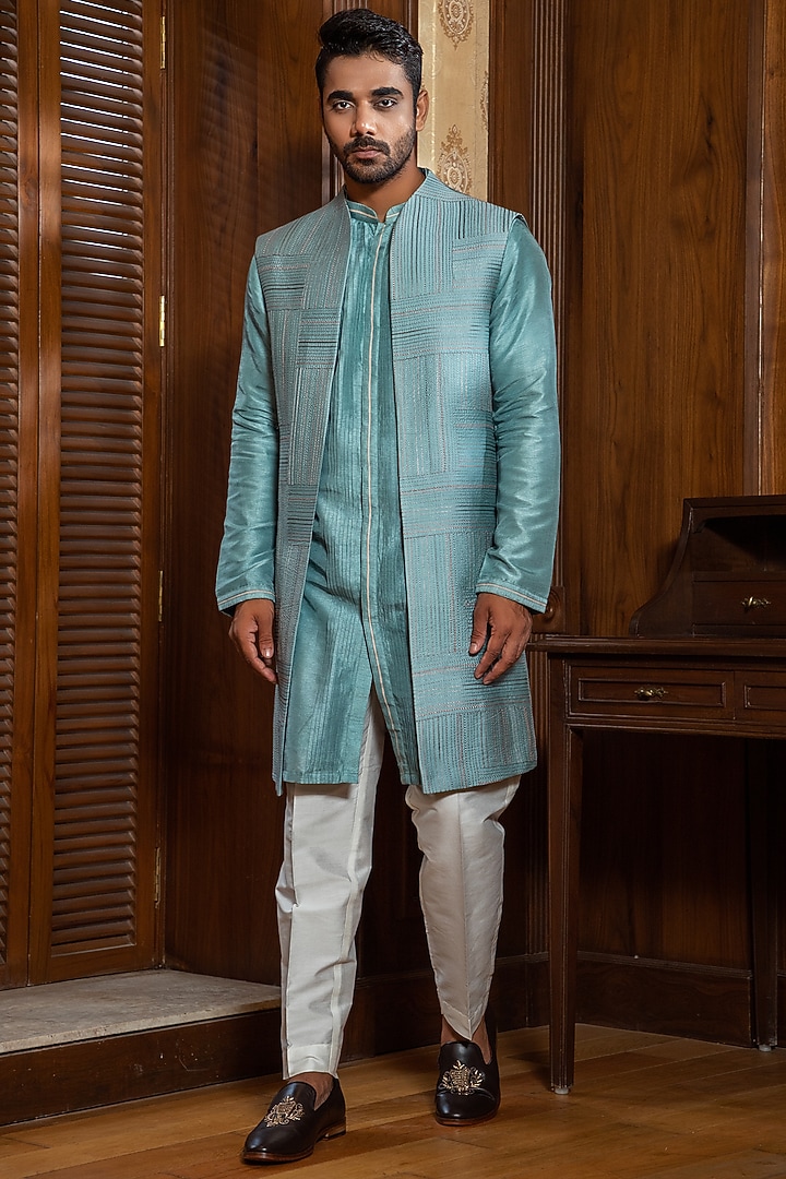 Blue Embroidered Wedding Indowestern Set by Darshika at Pernia's Pop Up Shop