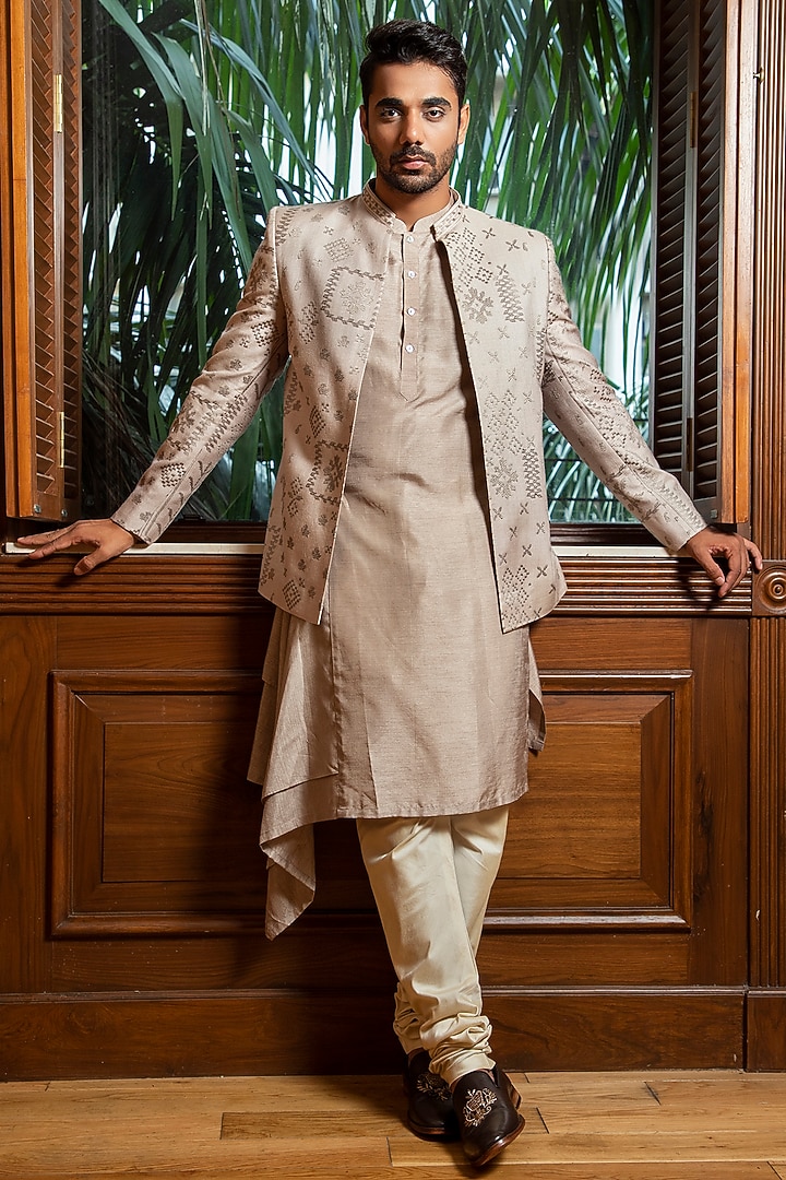 Warm Grey Embroidered Wedding Indowestern Set by Darshika at Pernia's Pop Up Shop