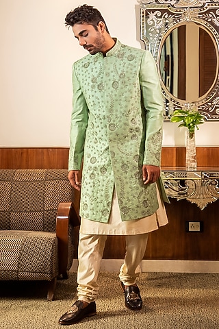 Green Silk Pearl Hand Embroidered Sherwani Set by Darshika