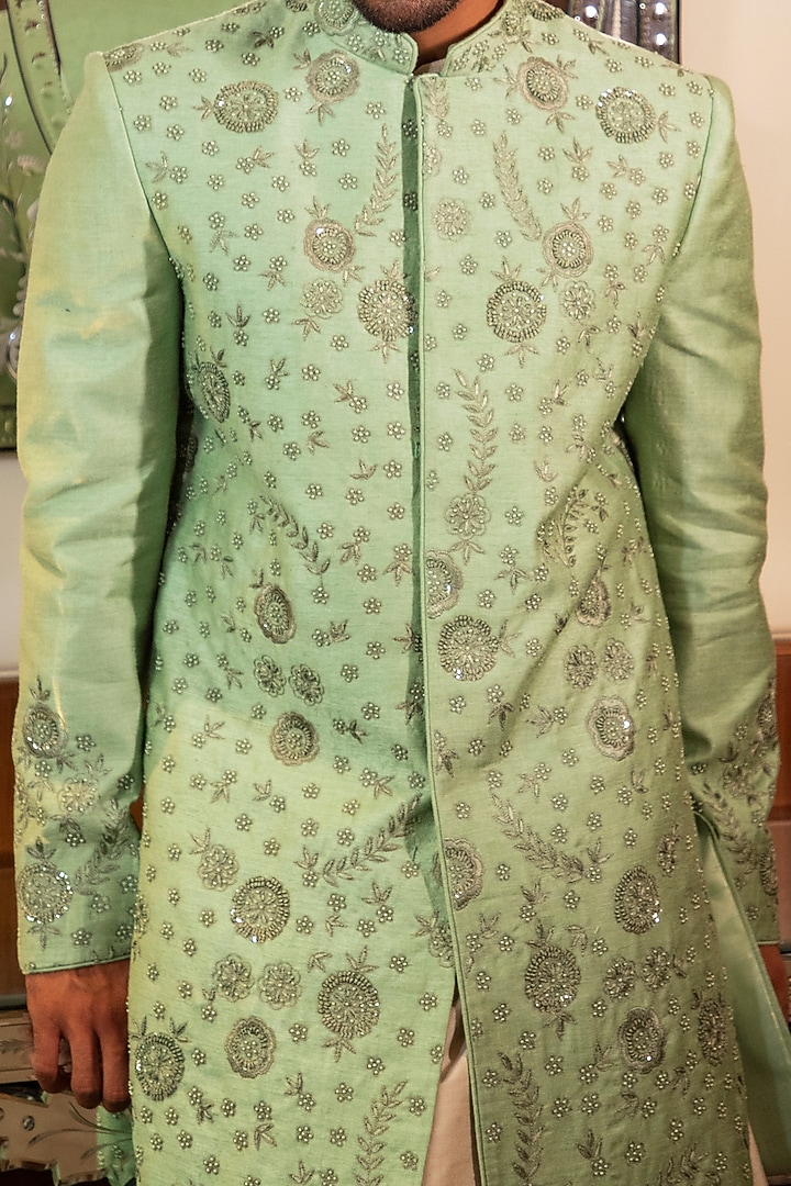 Green Silk Pearl Hand Embroidered Wedding Sherwani Set by Darshika at Pernia's Pop Up Shop