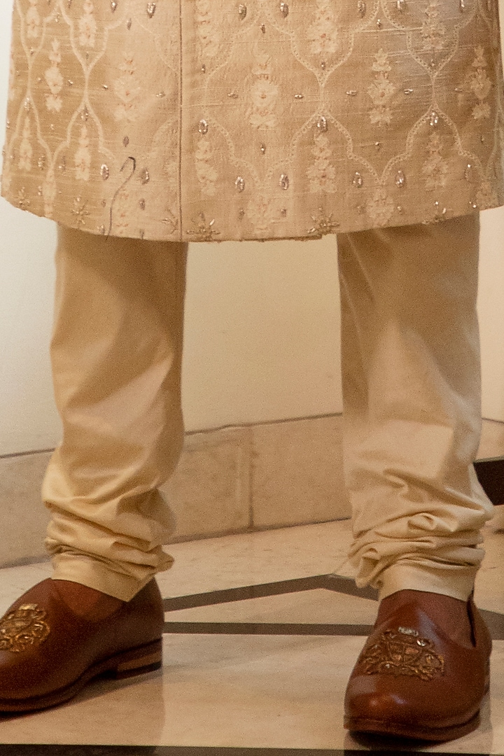 Pearl beige Raw Silk Hand Embroidered Wedding Sherwani Set by Darshika at Pernia's Pop Up Shop