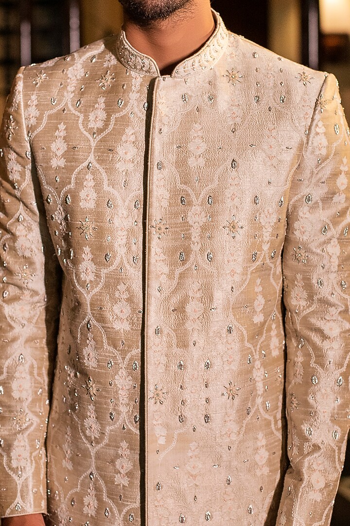 Pearl beige Raw Silk Hand Embroidered Wedding Sherwani Set by Darshika at Pernia's Pop Up Shop