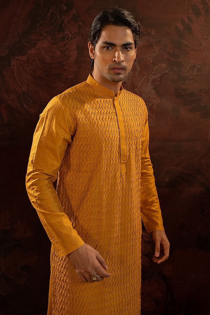 Honey Yellow Cotton Silk Kurta Set by Darshika at Pernia's Pop Up Shop