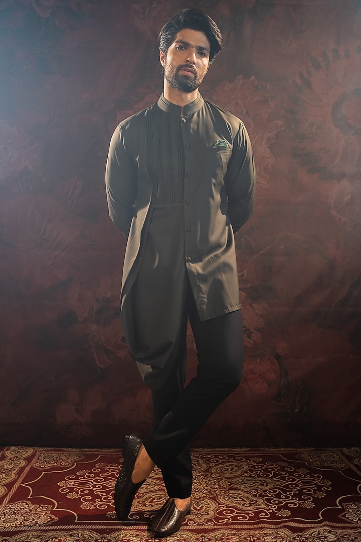 Olive Green Suiting Fabric Asymmetrical Kurta Set by Darshika at Pernia's Pop Up Shop
