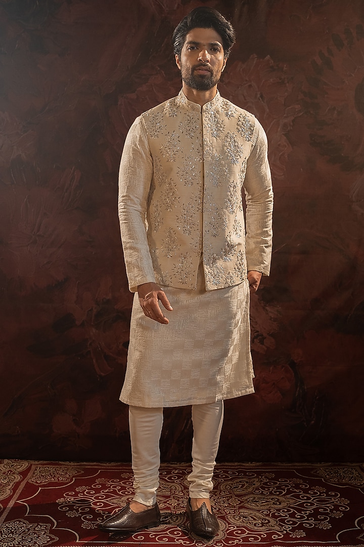Ivory Silk Blend Zari Embroidered Nehru Jacket Set by Darshika