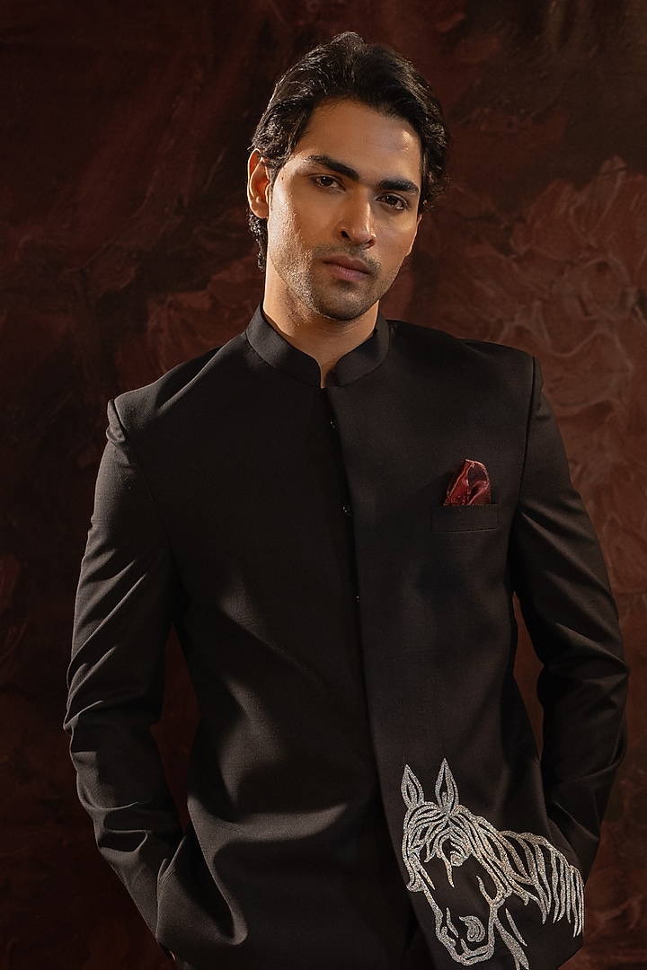 Black Suiting Fabric Zari Embroidered Wedding Bandhgala Set by Darshika at Pernia's Pop Up Shop
