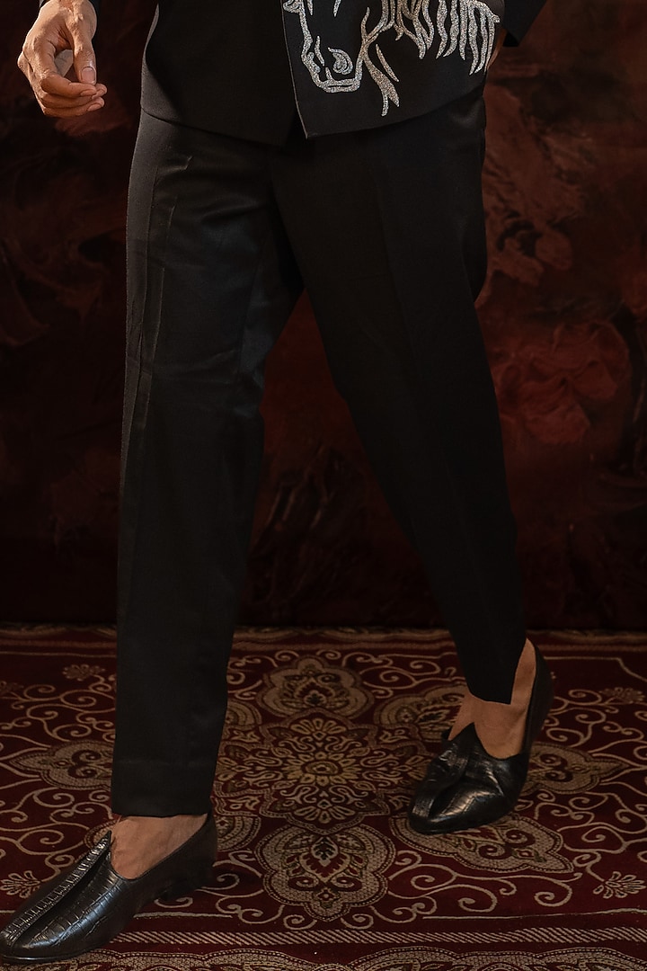 Black Suiting Fabric Zari Embroidered Wedding Bandhgala Set by Darshika at Pernia's Pop Up Shop