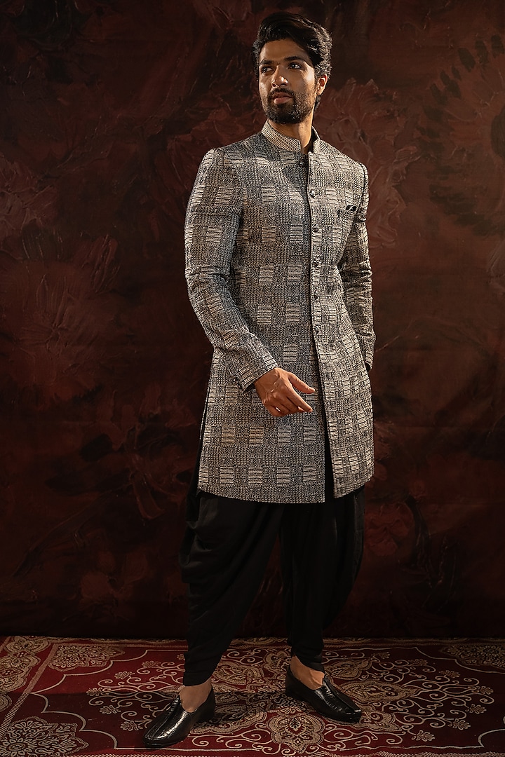 Black Silk Blend Thread Embroidered Indowestern Set by Darshika