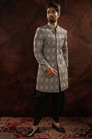 Black Silk Blend Thread Embroidered Indowestern Set by Darshika
