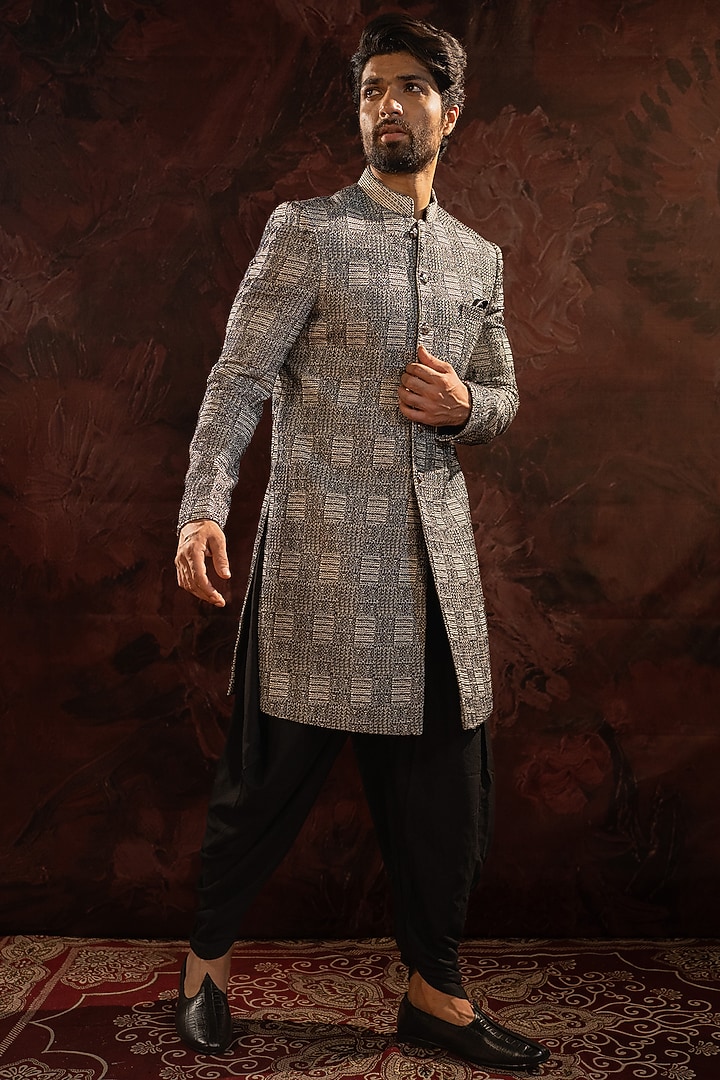 Black Silk Blend Thread Embroidered Wedding Indowestern Set by Darshika at Pernia's Pop Up Shop