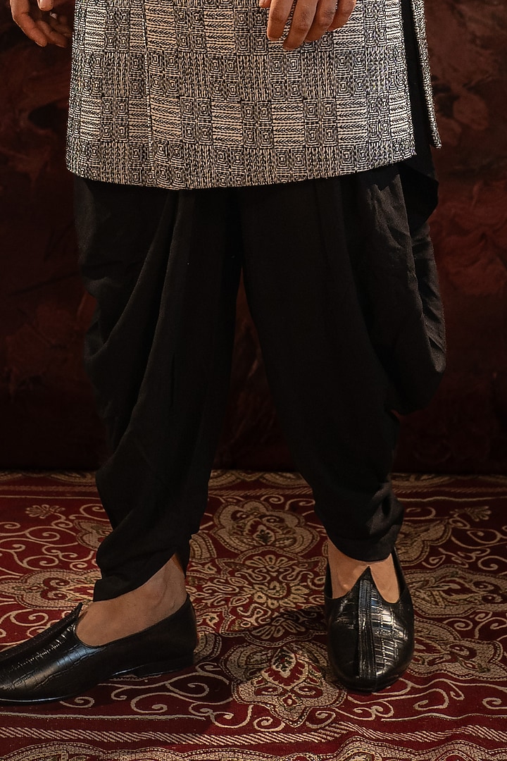 Black Silk Blend Thread Embroidered Wedding Indowestern Set by Darshika at Pernia's Pop Up Shop