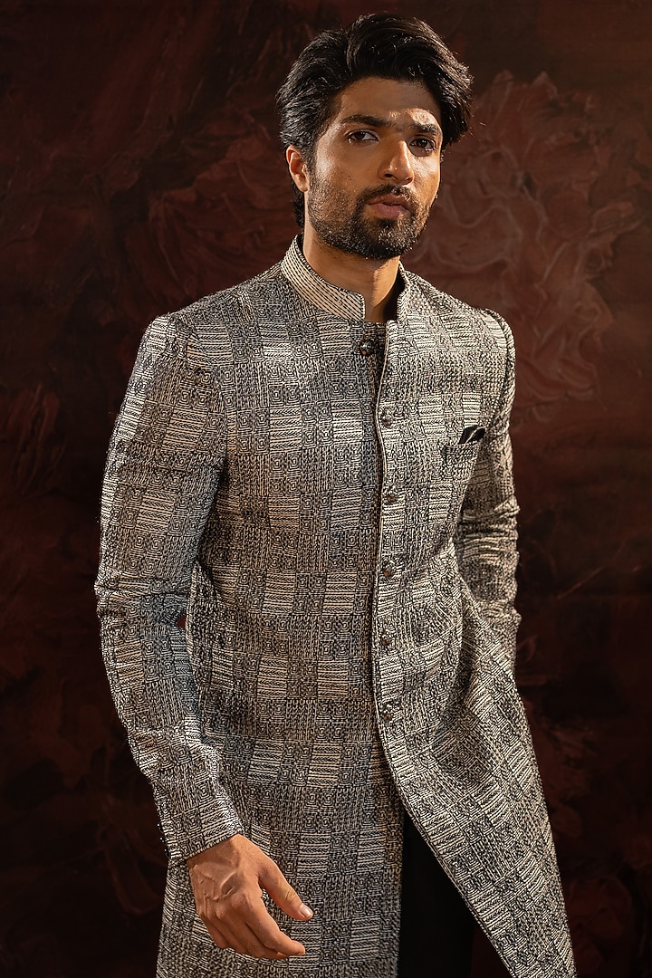 Black Silk Blend Thread Embroidered Wedding Indowestern Set by Darshika at Pernia's Pop Up Shop