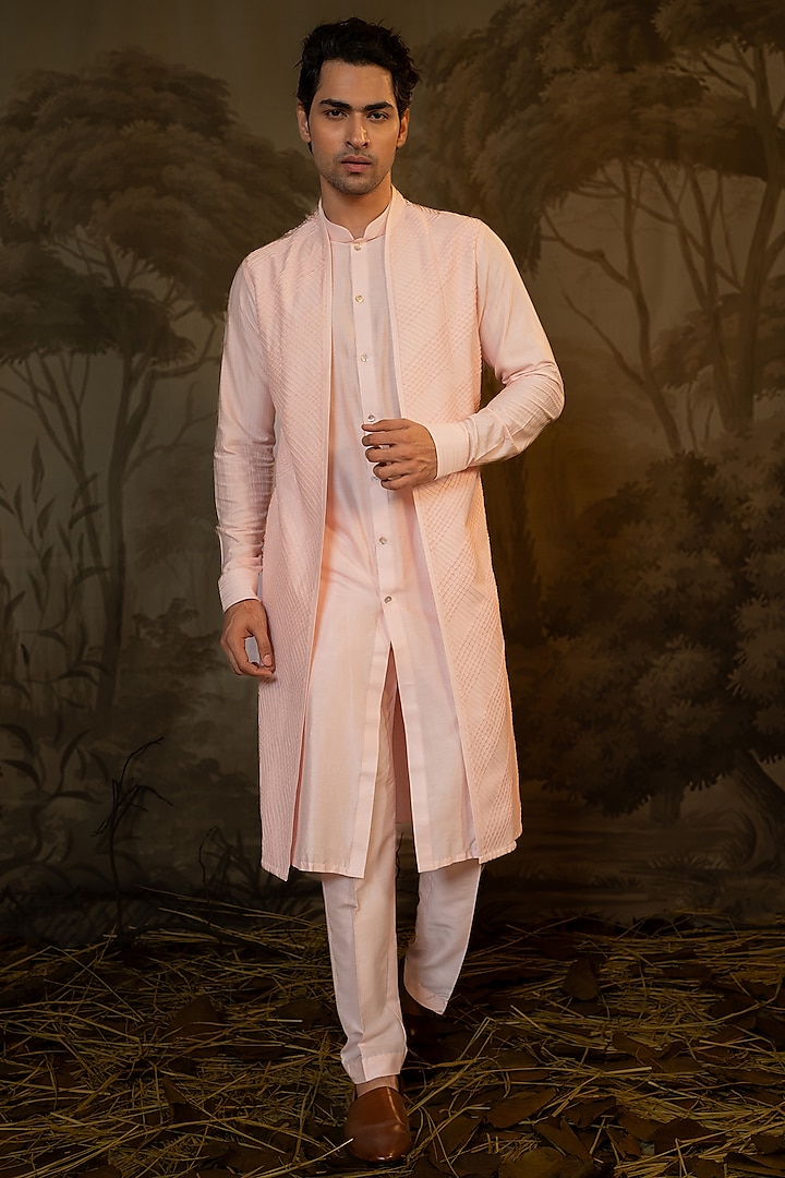 Pink Cotton Silk Jacket Style Kurta Set by Darshika