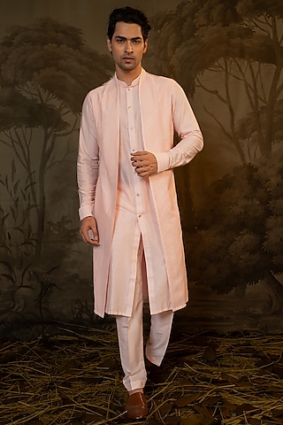 Pink Cotton Silk Jacket Style Kurta Set by Darshika at Pernia's