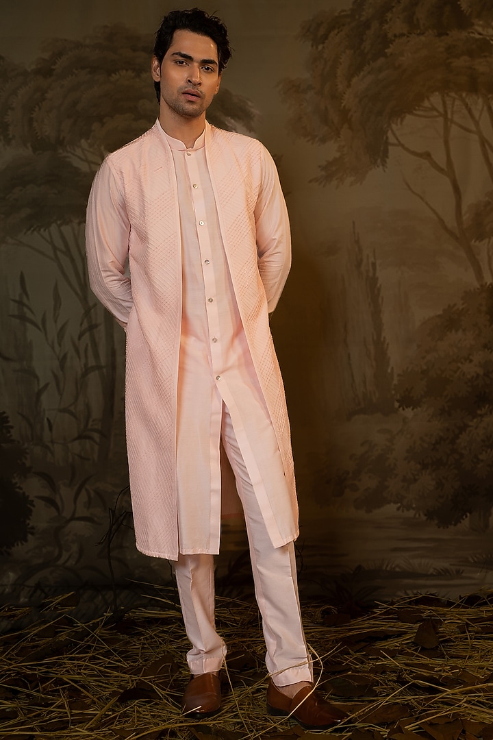 Pink Cotton Silk Jacket Style Kurta Set by Darshika at Pernia's Pop Up Shop