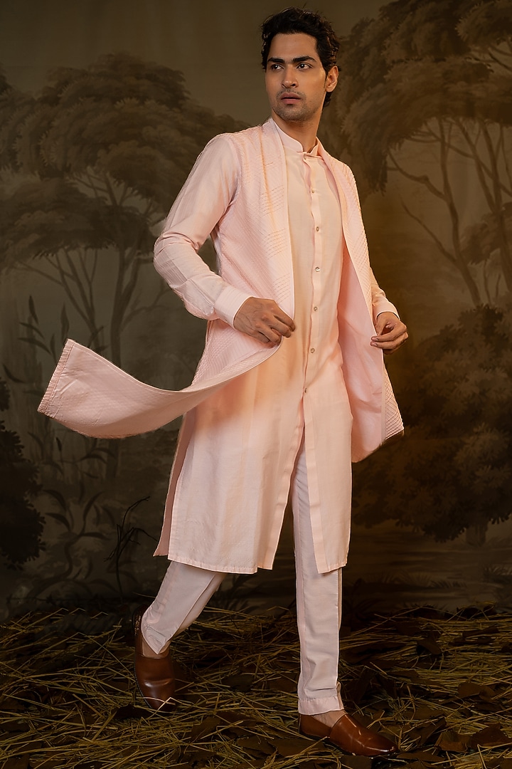 Pink Cotton Silk Jacket Style Kurta Set by Darshika at Pernia's Pop Up Shop