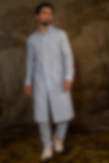 Powder Blue Cotton Silk Pathani Kurta Set by Darshika