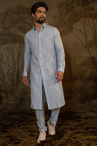 Powder Blue Cotton Silk Pathani Kurta Set by Darshika