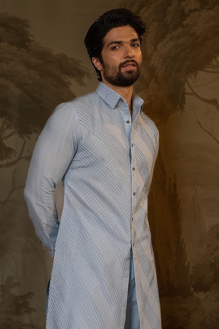 Powder Blue Cotton Silk Pathani Kurta Set by Darshika at Pernia's Pop Up Shop