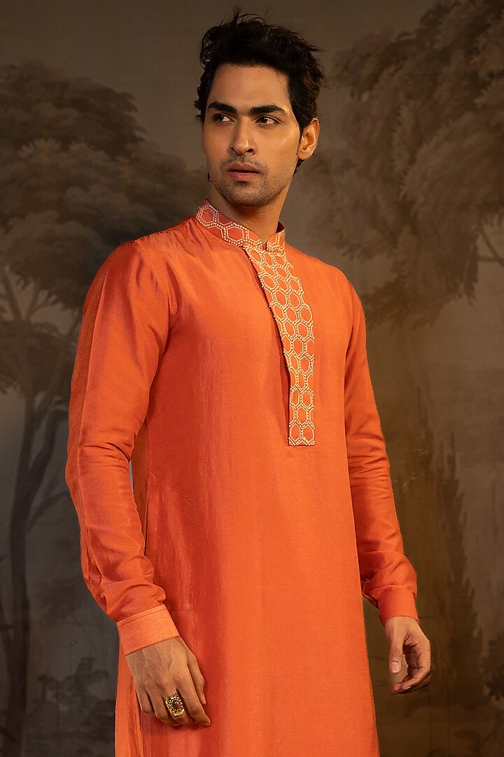 Coral Viscose French Knot Embroidered Kurta Set by Darshika at Pernia's Pop Up Shop