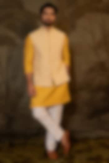 Mustard Cotton Silk Applique Embroidered Bundi Jacket Set by Darshika
