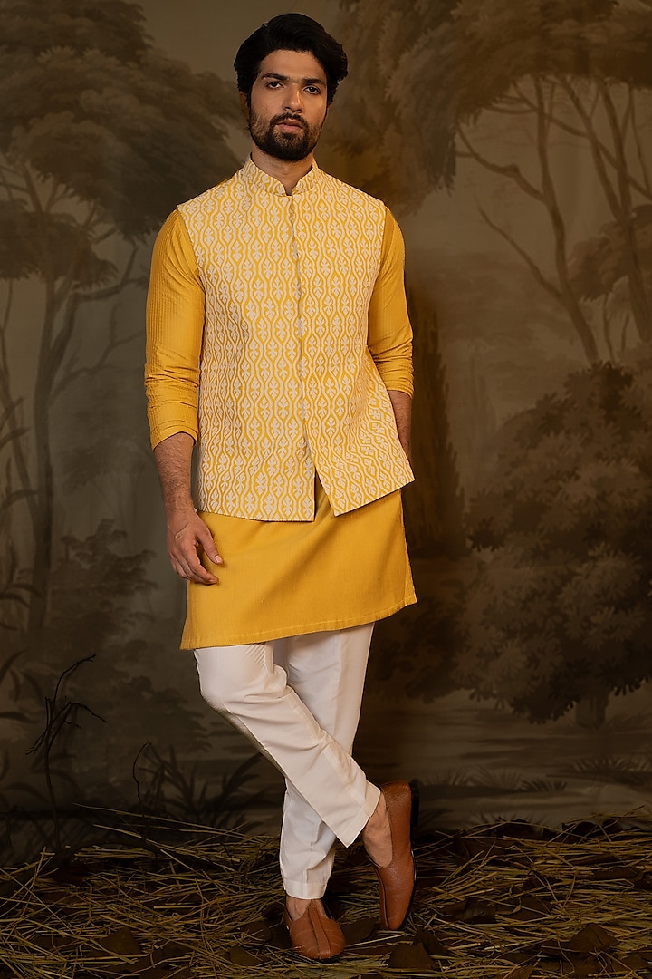 Mustard Cotton Silk Applique Embroidered Bundi Jacket Set by Darshika