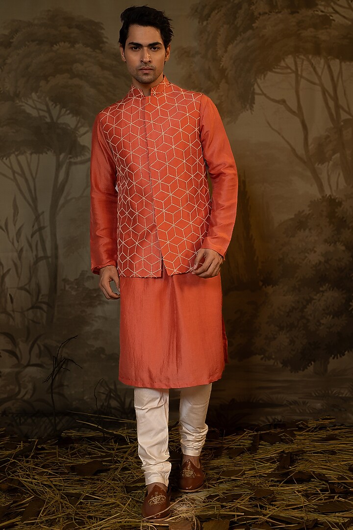 Coral Viscose French Knot Embroidered Bundi Jacket Set by Darshika at Pernia's Pop Up Shop