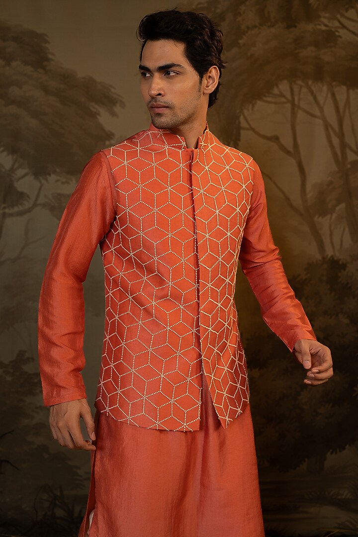 Coral Viscose French Knot Embroidered Bundi Jacket Set by Darshika at Pernia's Pop Up Shop