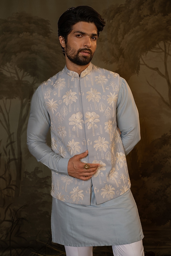 Powder Blue Cotton Silk & Suiting Embroidered Bundi Jacket Set by Darshika at Pernia's Pop Up Shop