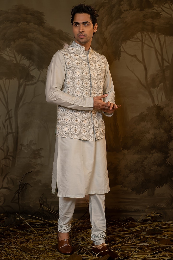 Aqua Cotton Silk Hand Embroidered Bundi Jacket Set by Darshika at Pernia's Pop Up Shop
