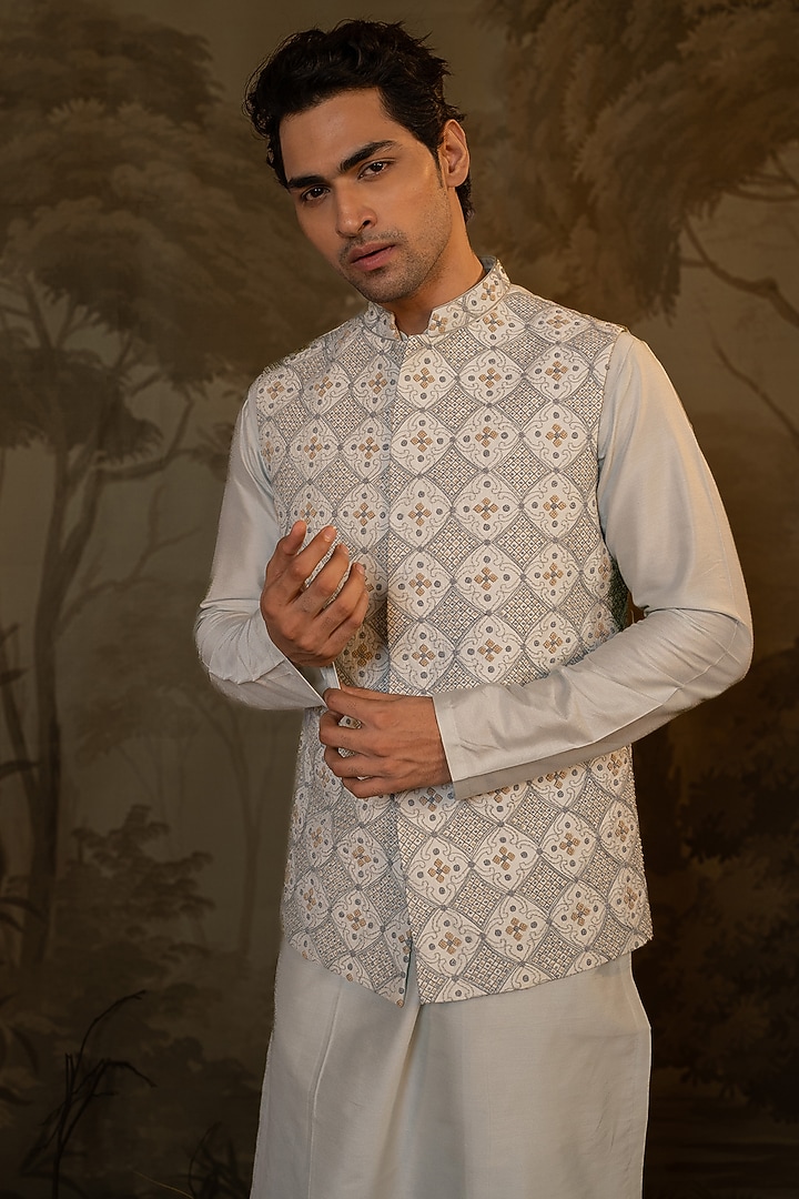 Aqua Cotton Silk Hand Embroidered Bundi Jacket Set by Darshika at Pernia's Pop Up Shop
