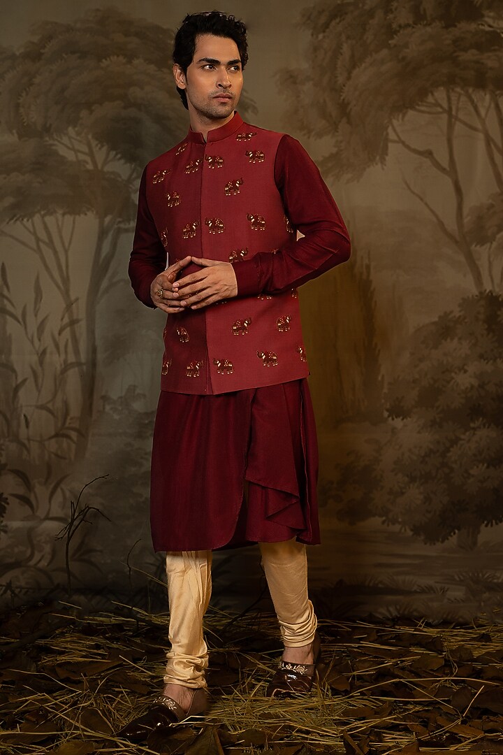 Maroon Viscose & Cotton Silk French Knot Embroidered Bundi Jacket by Darshika at Pernia's Pop Up Shop