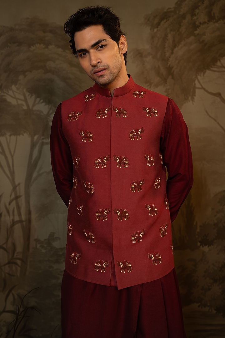 Maroon Viscose & Cotton Silk French Knot Embroidered Bundi Jacket by Darshika at Pernia's Pop Up Shop