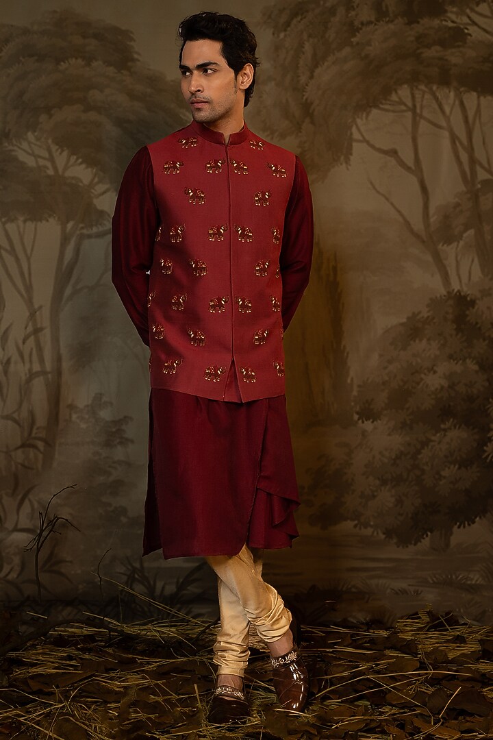 Maroon Viscose & Cotton Silk French Knot Embroidered Bundi Jacket by Darshika at Pernia's Pop Up Shop