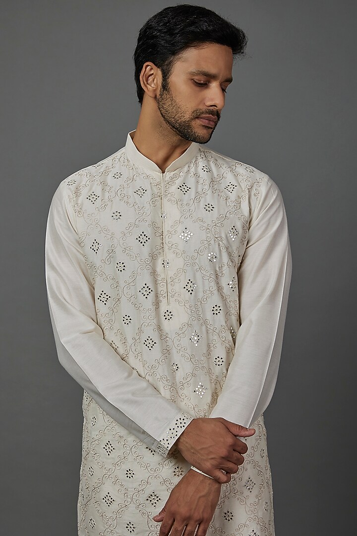 Ivory Cotton Silk Mirror Embroidered Kurta Set by Darshika at Pernia's Pop Up Shop