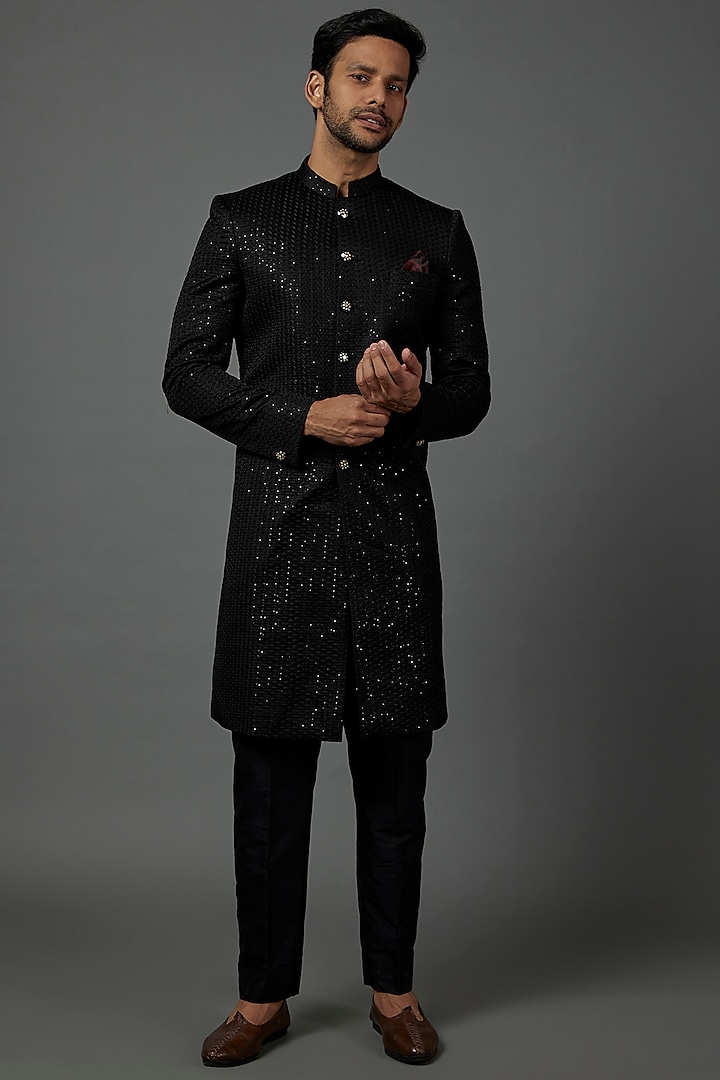 Black Embroidered Bandhgala Jacket Set by Darshika
